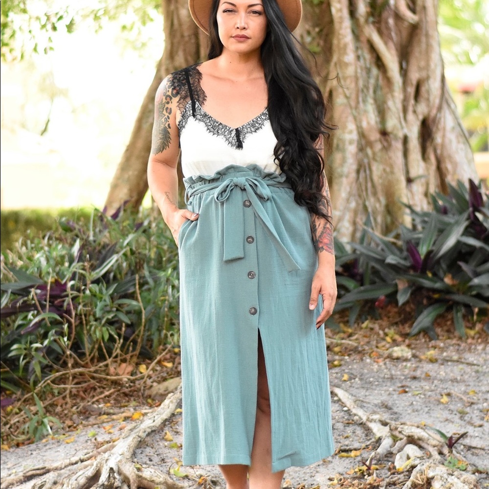 High Waist Paperbag Midi Skirt - Picture 2 of 6